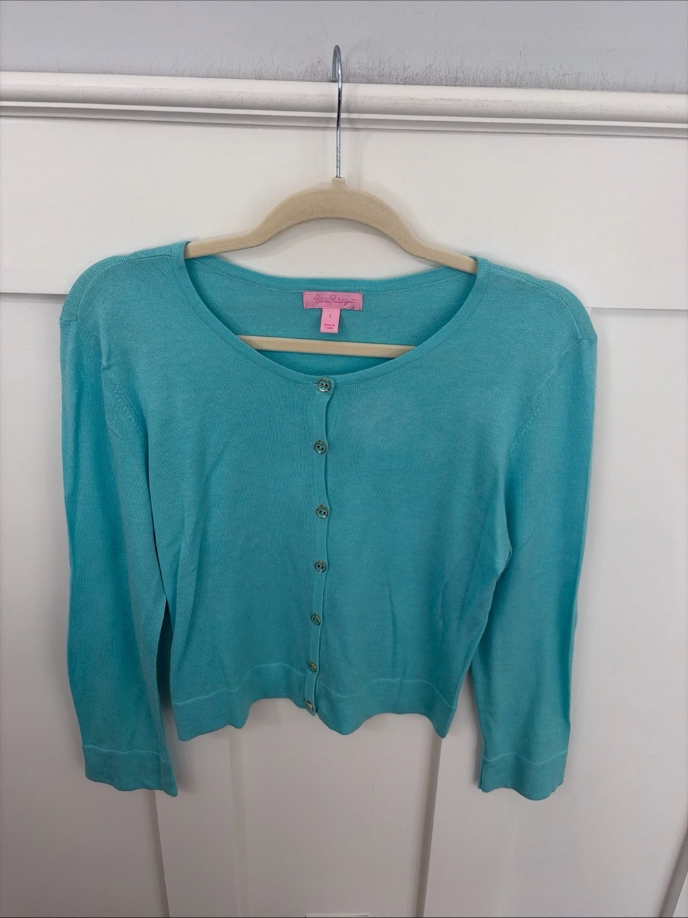 Lilly Pulitzer Turquoise Button-Up Cardigan-Cropped